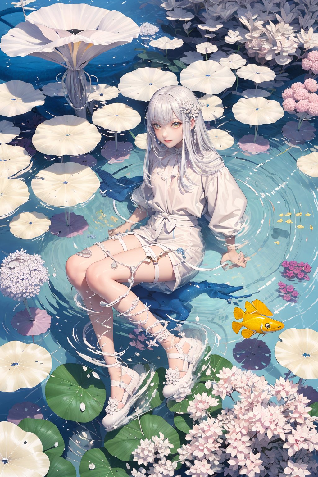 Best quality, (masterpiece: 1.2), (detail: 1.15), whole body, best quality, white field, 1 girl, fish, long hair, solo, white hydrangea, looking at the audience, pink eyes, floating hair, long sleeves, foam, white hair, bubbles, shoes, white shoes, white snakes, corals, smiles, shells, underwater, super long hair, yellow flowers, jellyfish, pearls, orange flowers, white shorts, Orange theme, parted lips, white theme, frogs, animals, hollowed out stockings, white dress

