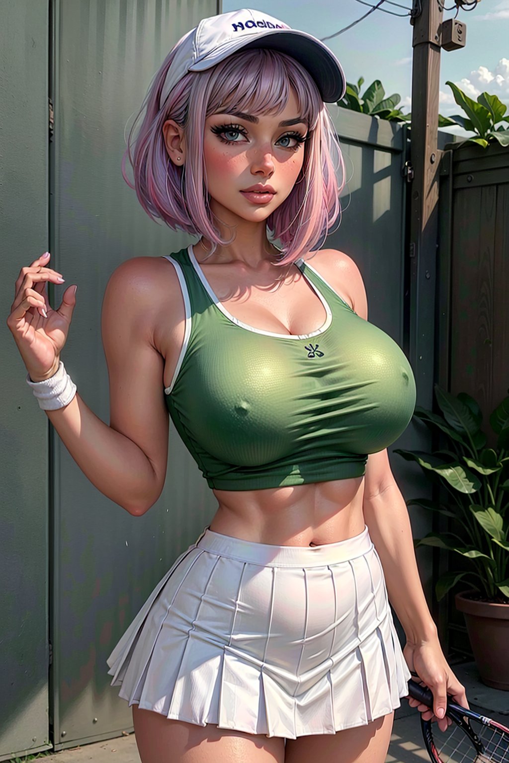 (1girl:1.2),  (masterpiece:1.4,  best quality),  large breasts,  unity 8k wallpaper,  ultra detailed,  (pastel colors:1.3),  alluring pose,  beautiful and aesthetic,  see-through (clothes),  detailed,  solo,  tennis outfit,  visor cap,  white top,  mini skirt,  pleated_skirt,  bob cut,  hair highlights, BreastPit, dollgirlKA