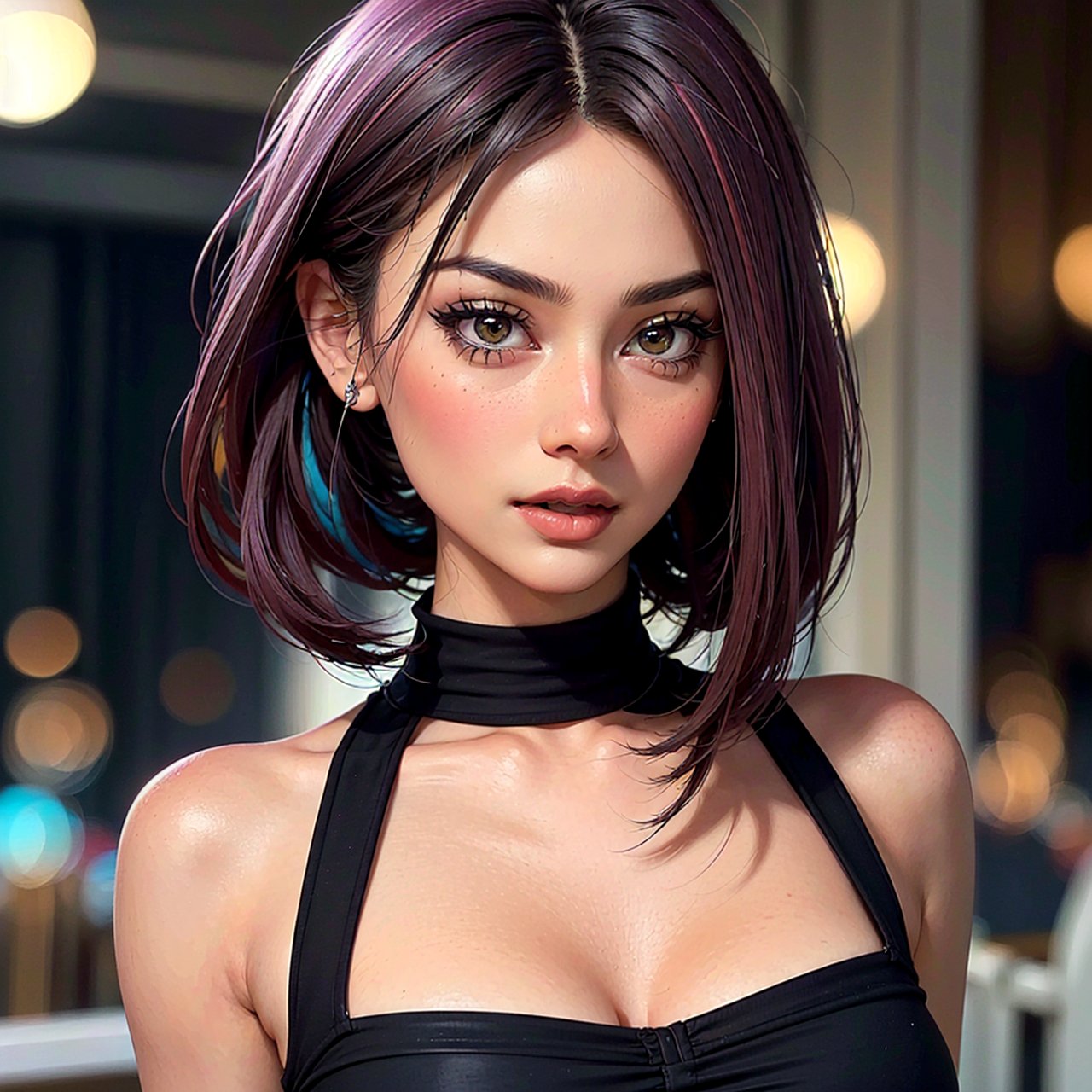 (1girl:1.2), ((beautiful face, detailed face:1.3),  (masterpiece:1.4,  best quality),  unity 8k wallpaper,  ultra detailed,  alluring pose,  beautiful and aesthetic,  (sexy clothes, colourful),  detailed, solo, crop top, lob cut, black, colourful highlights, depth_of_field, (Bokeh, castle, royal palace, chandler), dollgirlKA