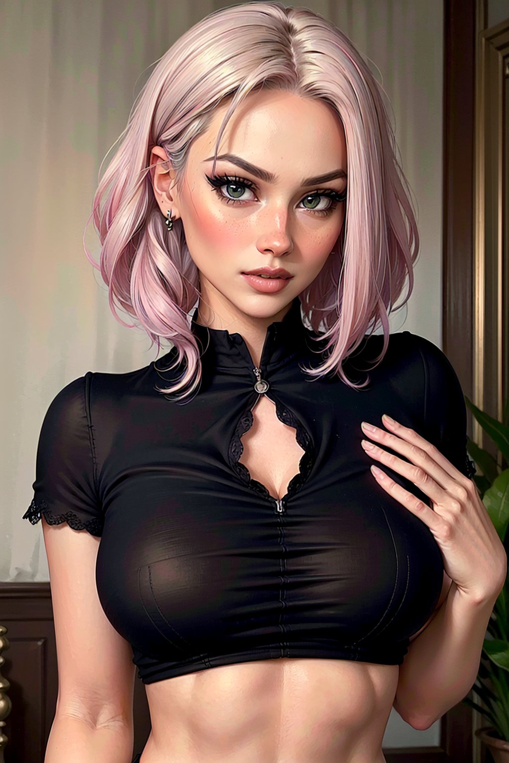 (1girl:1.2), ((beautiful face, detailed face:1.3),  (masterpiece:1.4,  best quality),  unity 8k wallpaper,  ultra detailed,  alluring pose,  beautiful and aesthetic,  (sexy clothes, colourful),  detailed, solo, crop top, lob cut, black, colourful highlights, depth_of_field, (Bokeh, castle, royal palace, chandler), dollgirlKA