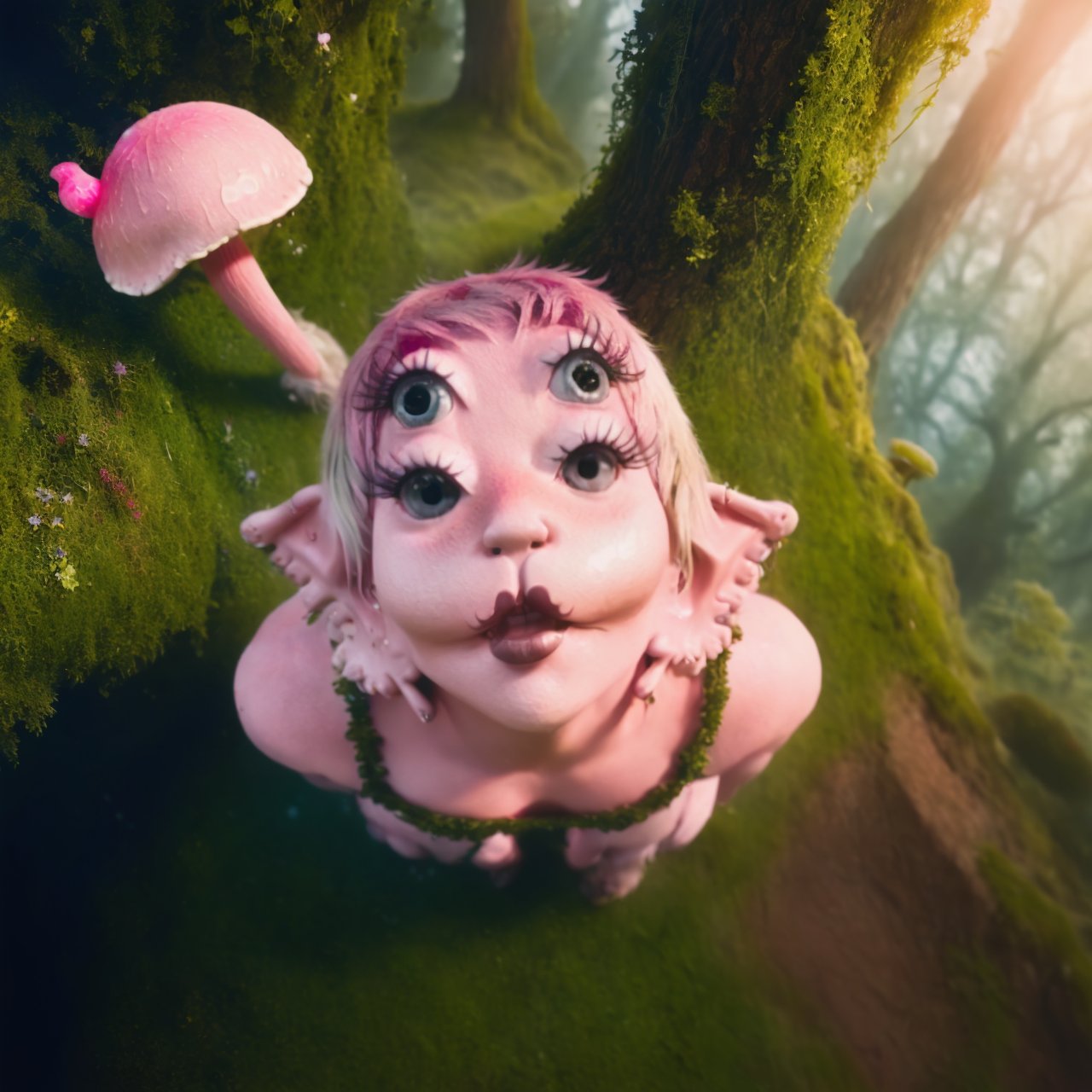 A woman, blonde hair, upper fake body, pink butterfiles, blonde hair, pov_eye_contact, looking_at_camera, pink hair, forest, sky, field rose, faerie, waterfall, pov from above, neon, mushrooms