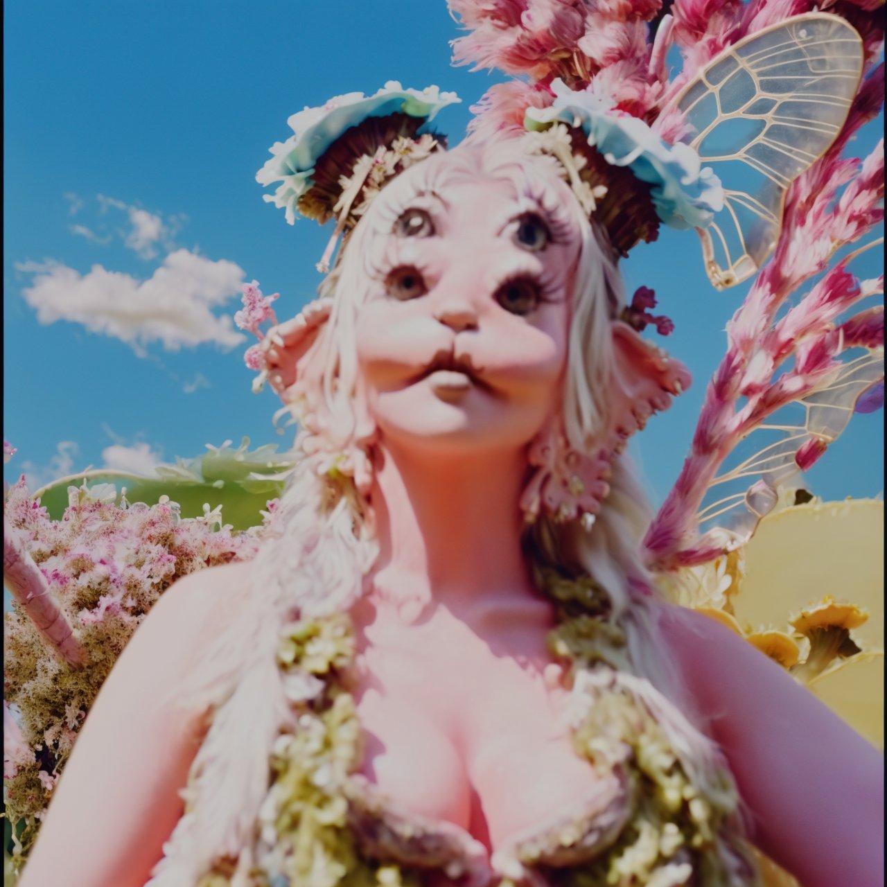 A woman, blonde hair, upper fake body, pink butterfiles, blonde hair, pov_eye_contact, looking_at_camera, pink hair, sky, field rose, faerie,
, mushrooms, flew hair, longhair, very_long_hair , butterfly costume , a woman with a flower crown and a butterfly costume