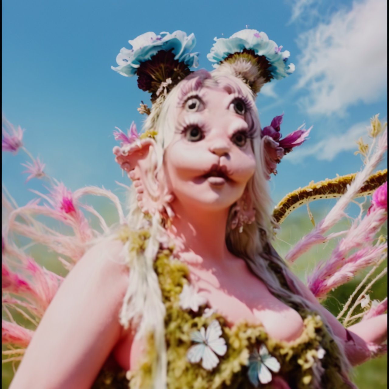 A woman, blonde hair, upper fake body, blonde hair, pov_eye_contact, looking_at_camera, pink hair, sky, field rose, faerie,
, mushrooms, flew hair, longhair, very_long_hair , butterfly costume , a woman with a flower crown and a butterfly costume