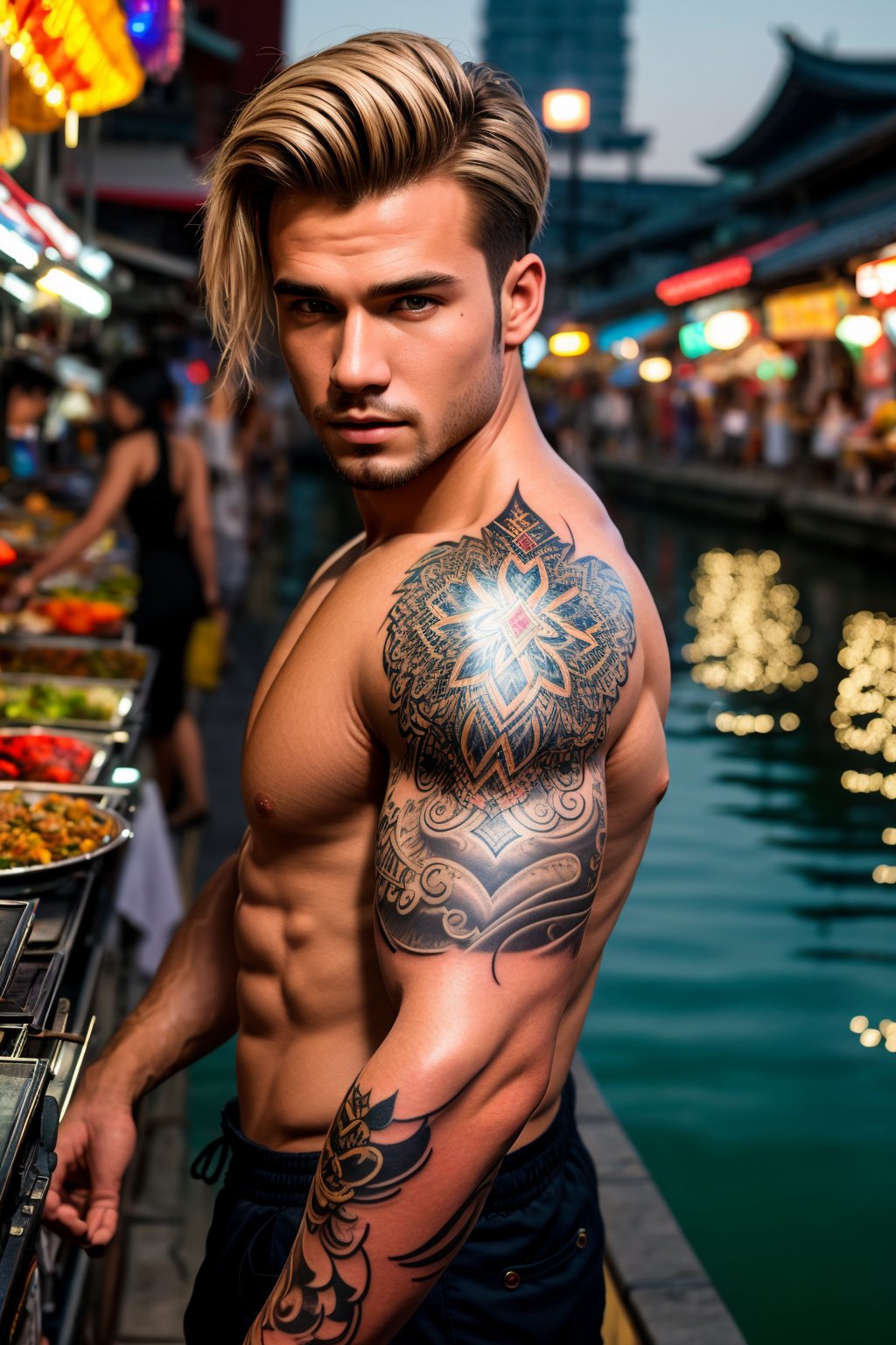 <lora:sleeve_tattoo_v2:1> masterpiece of photorealism, photorealistic highly detailed 8k photography, best hyperrealistic quality, volumetric lighting and shadows, young muscled man in fullsleevetattoo stattoo, (tribal), hair flaps light blonde, Bustling Night Markets in Asia, Dynamic Aerial Panorama over Water