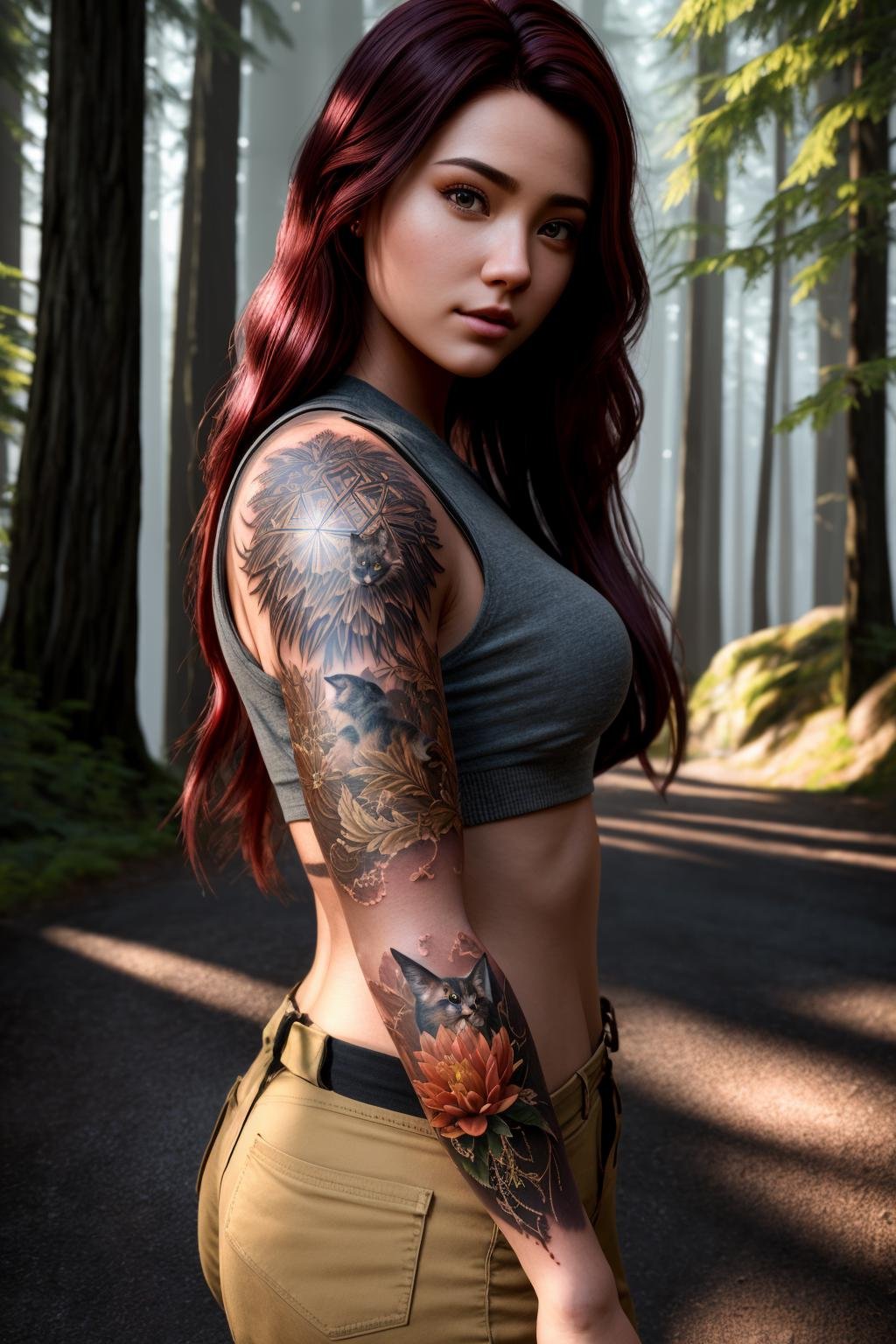 <lora:sleeve_tattoo_v2:1> masterpiece of photorealism, photorealistic highly detailed 8k photography, best hyperrealistic quality, volumetric lighting and shadows, young woman in fullsleevetattoo stattoo, cat, drill hair dark red, Foggy Redwood Forests, Dynamic Dolly Zoom Effect