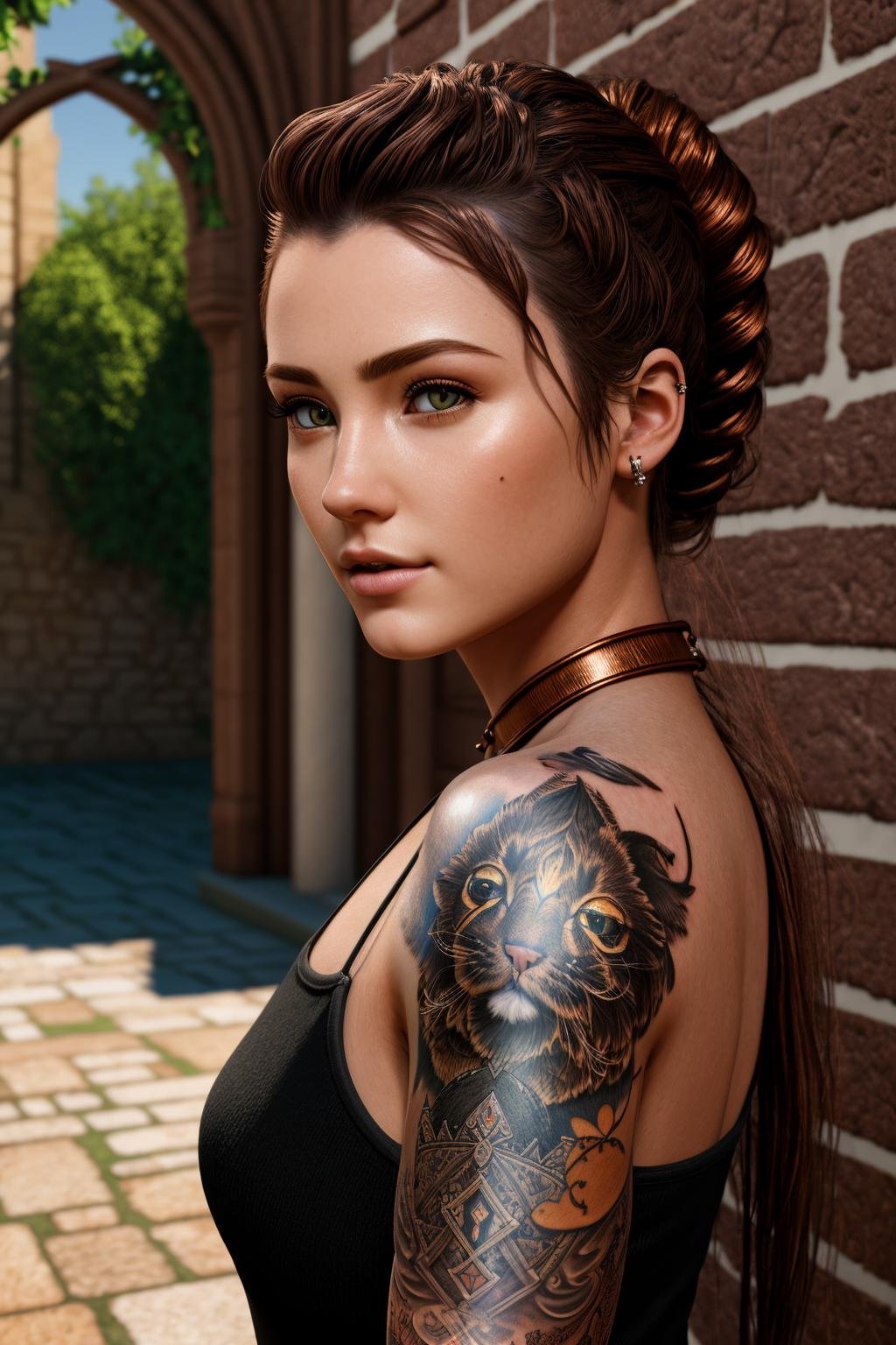 <lora:sleeve_tattoo_v2:1> masterpiece of photorealism, photorealistic highly detailed 8k photography, best hyperrealistic quality, volumetric lighting and shadows, young woman in fullsleevetattoo stattoo, (cat), frohawk copper, Medieval Castle Courtyards, Extreme Close-Up of a Subject's Eyes