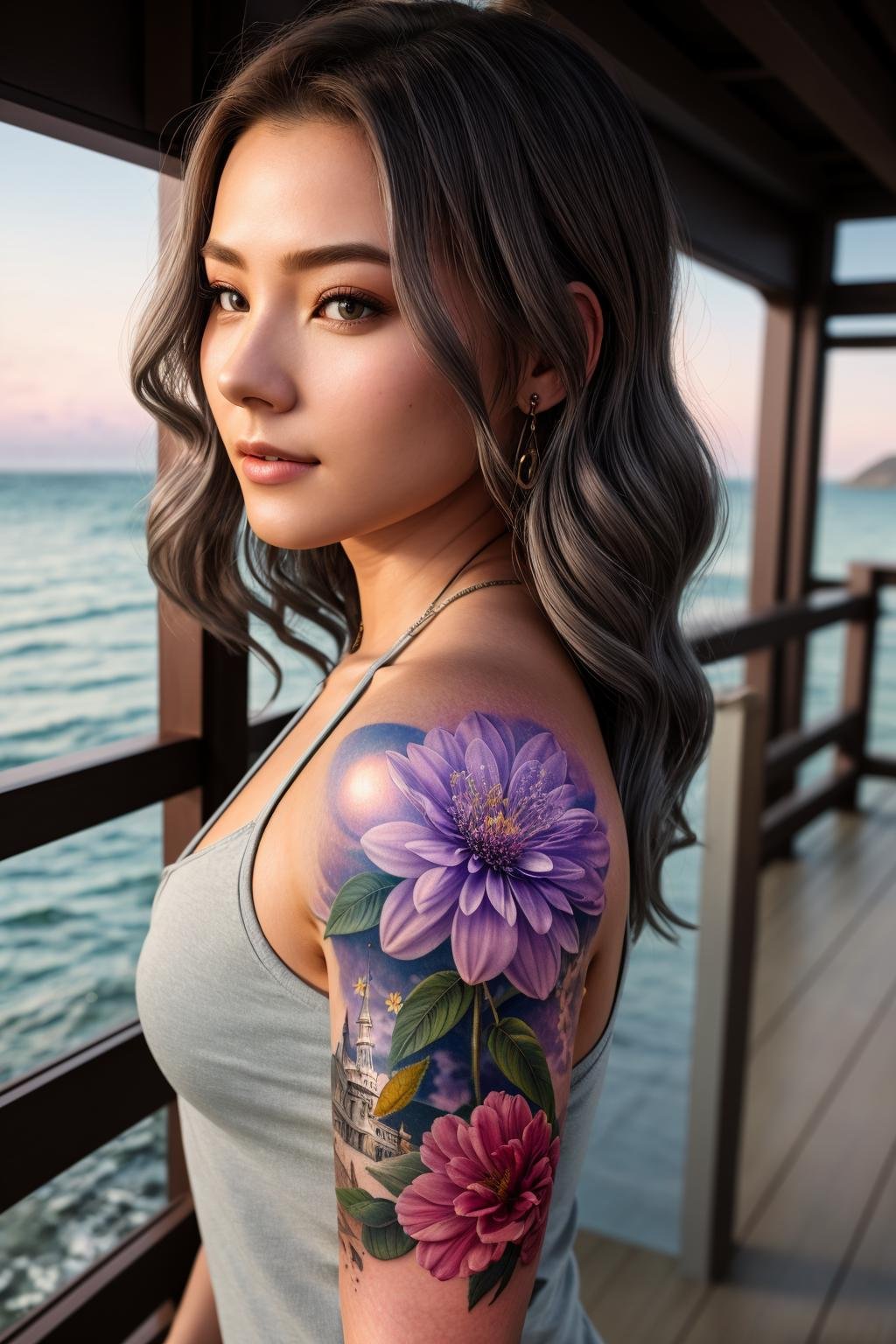 <lora:sleeve_tattoo_v2:1> masterpiece of photorealism, photorealistic highly detailed 8k photography, best hyperrealistic quality, volumetric lighting and shadows, young woman in fullsleevetattoo stattoo, perm gray, Coastal Villages at Dawn, Time-Lapse of Flowers Blooming