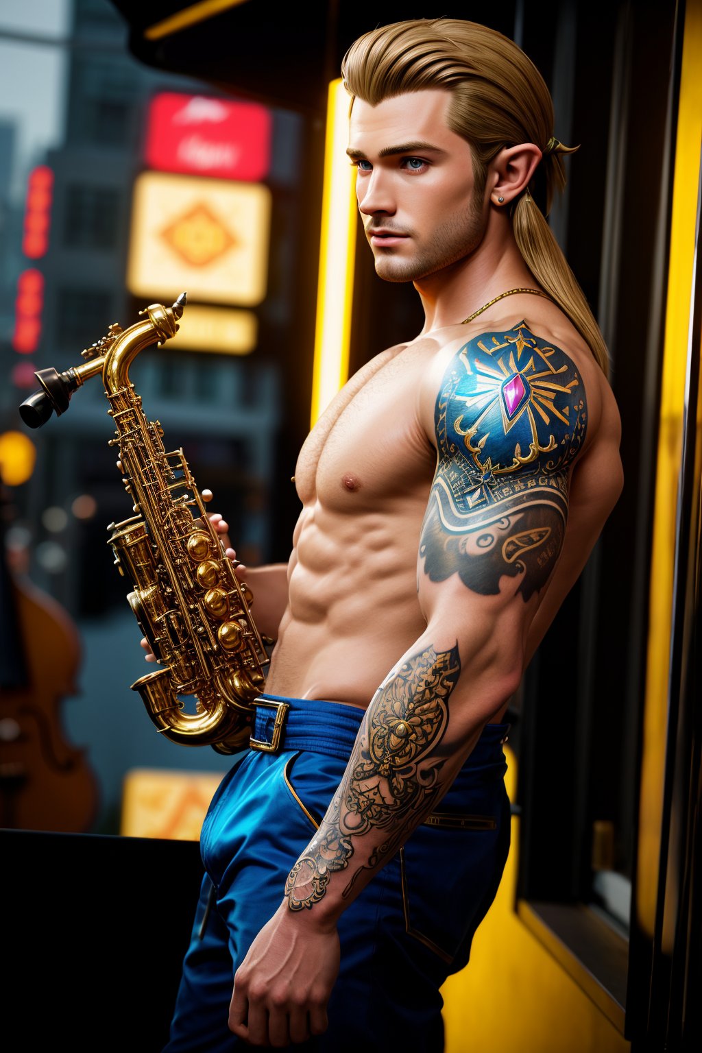 <lora:sleeve_tattoo_v2:1> masterpiece of photorealism, photorealistic highly detailed 8k photography, best hyperrealistic quality, volumetric lighting and shadows, young muscled man in fullsleevetattoo stattoo, (princess zelda), wedge cut honey blonde, Jazz Clubs with Saxophone Performers, Cinematic Tilt-Down from Sky to Ground