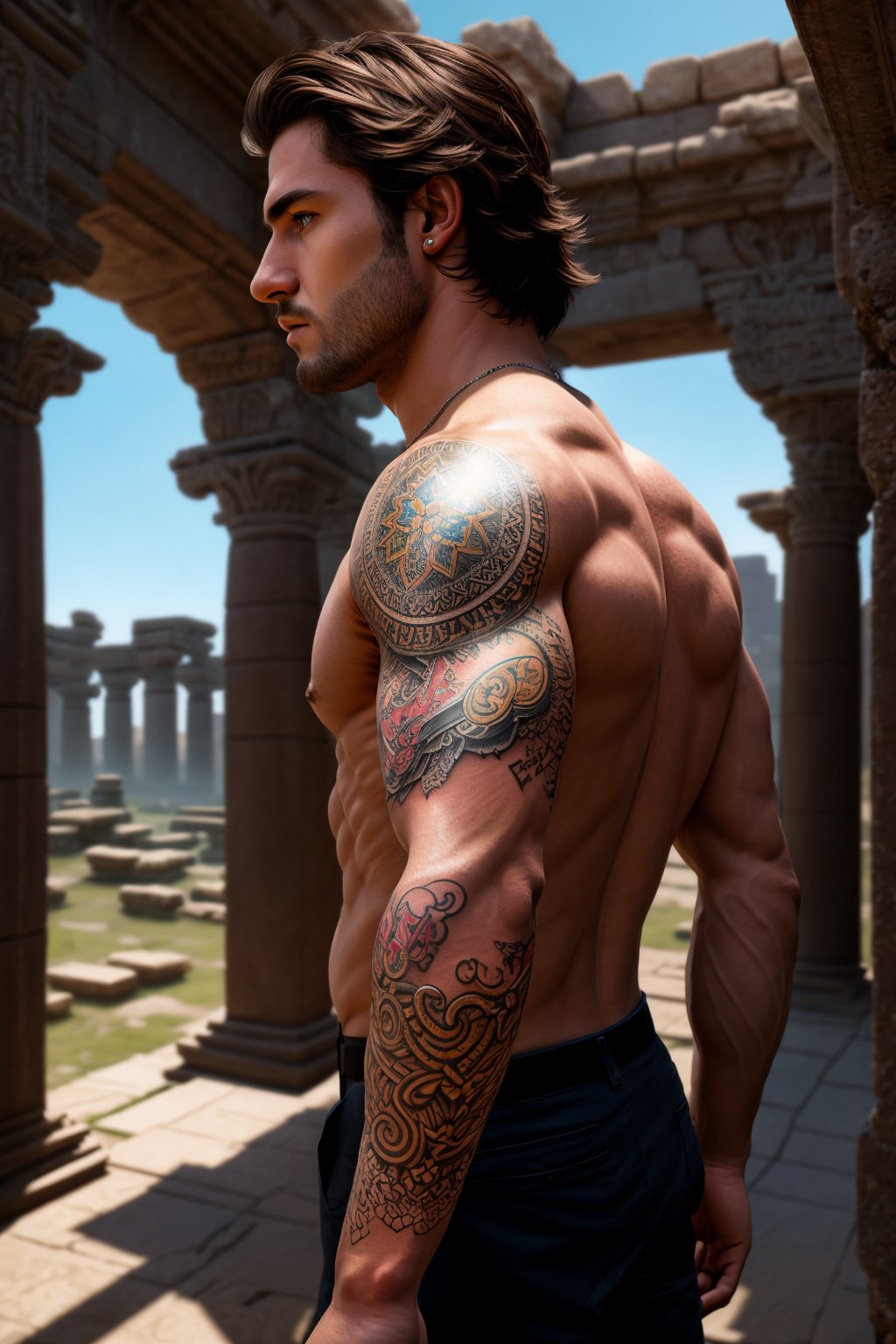 <lora:sleeve_tattoo_v2:1> masterpiece of photorealism, photorealistic highly detailed 8k photography, best hyperrealistic quality, volumetric lighting and shadows, young muscled man in fullsleevetattoo stattoo, (tribal), bob pink, Ancient Ruins, Epic Hyperlapse of a Cityscape