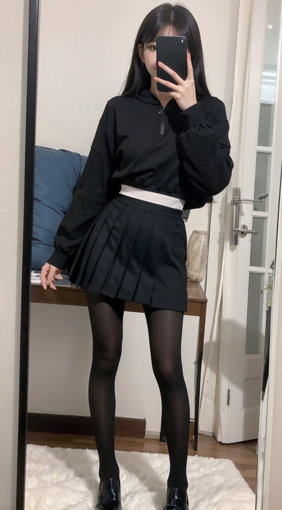  Best quality, 1girl, xtt's bodyA photo of oneself taken with a phone in front of a mirror ,full body, Wearing black Pleated skirt, wearing pantyhose , standing, Mobile selfie perspective, shapely body,midnight,