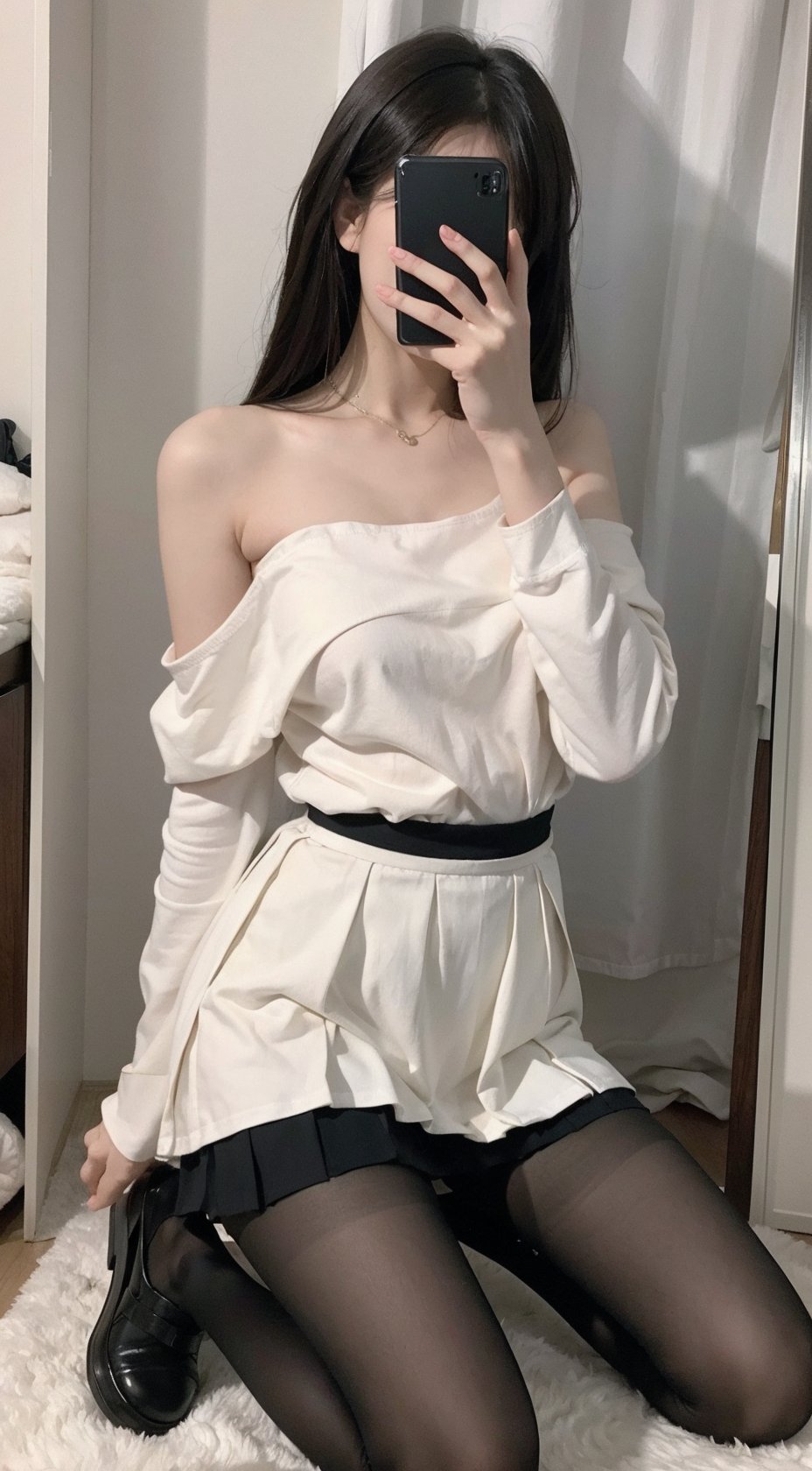  Best quality, 1girl, xtt's bodyA photo of oneself taken with a phone in front of a mirror ,full body, bare shoulder, collarbone, open clothes, ,Wearing pure white shirt outside, Wearing black Pleated skirt, wearing pantyhose , kneeling, Mobile selfie perspective, shapely body,midnight,