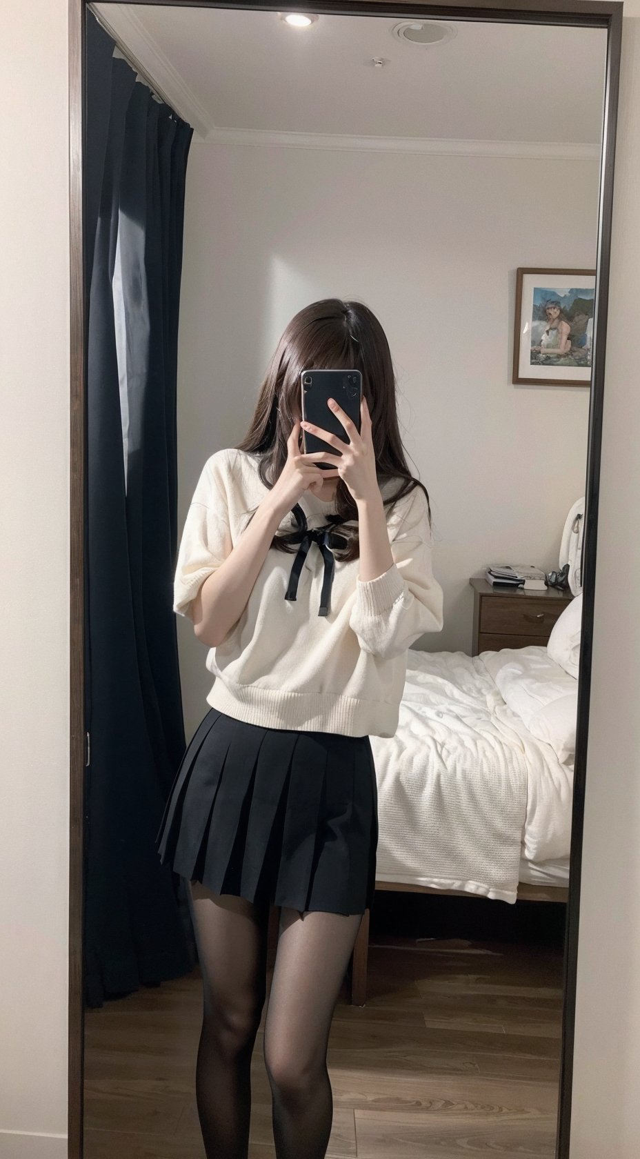  Best quality, 1girl, xtt's bodyA photo of oneself taken with a phone in front of a mirror ,full body, Wearing black Pleated skirt, wearing pantyhose , standing, Mobile selfie perspective, shapely body,midnight,outdoors