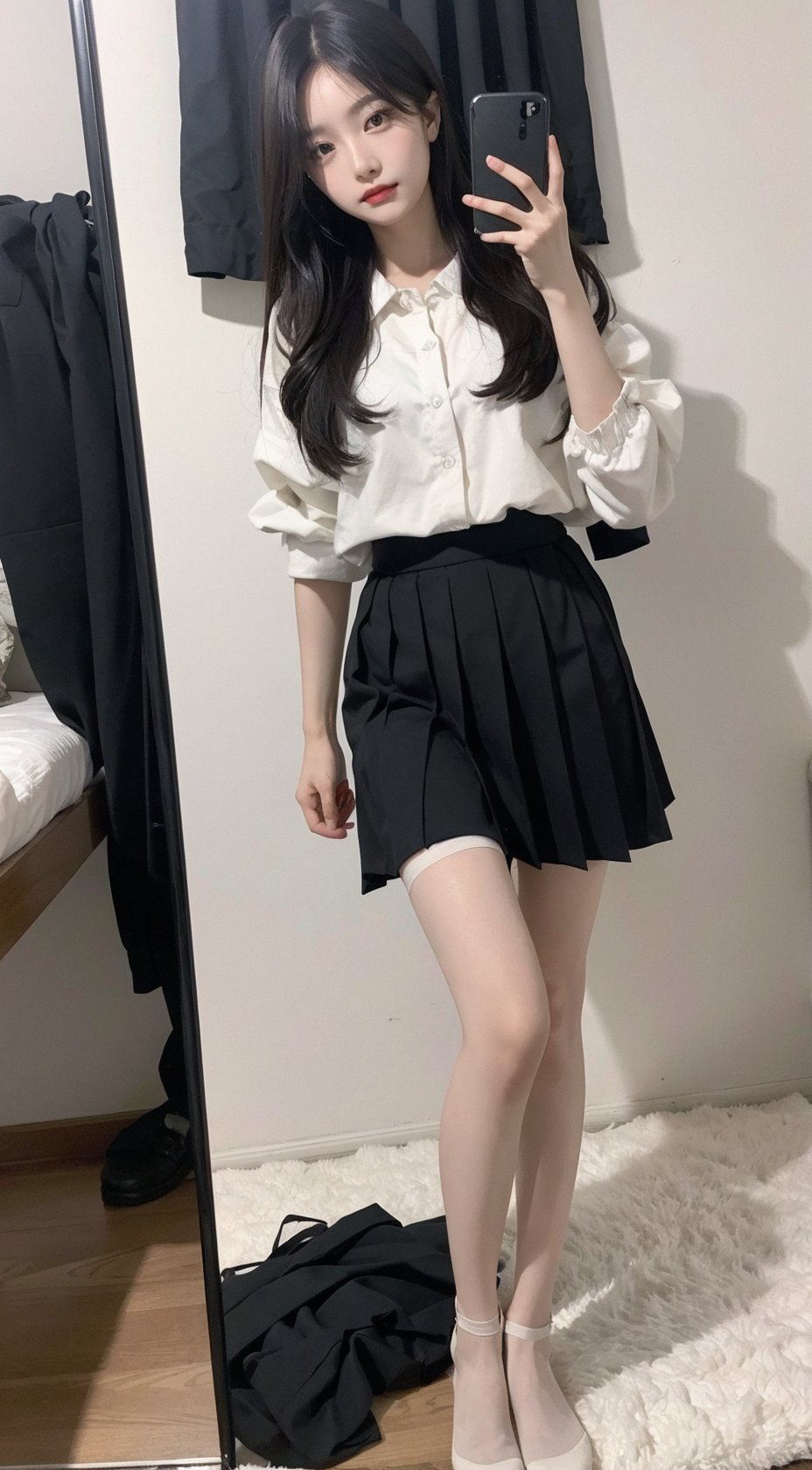 Best quality, 1girl,  xtt's bodyA photo of oneself taken with a phone in front of a mirror ,full body, Wearing black Pleated skirt, wearing pantyhose , kneeling, Mobile selfie perspective, shapely body,midnight,