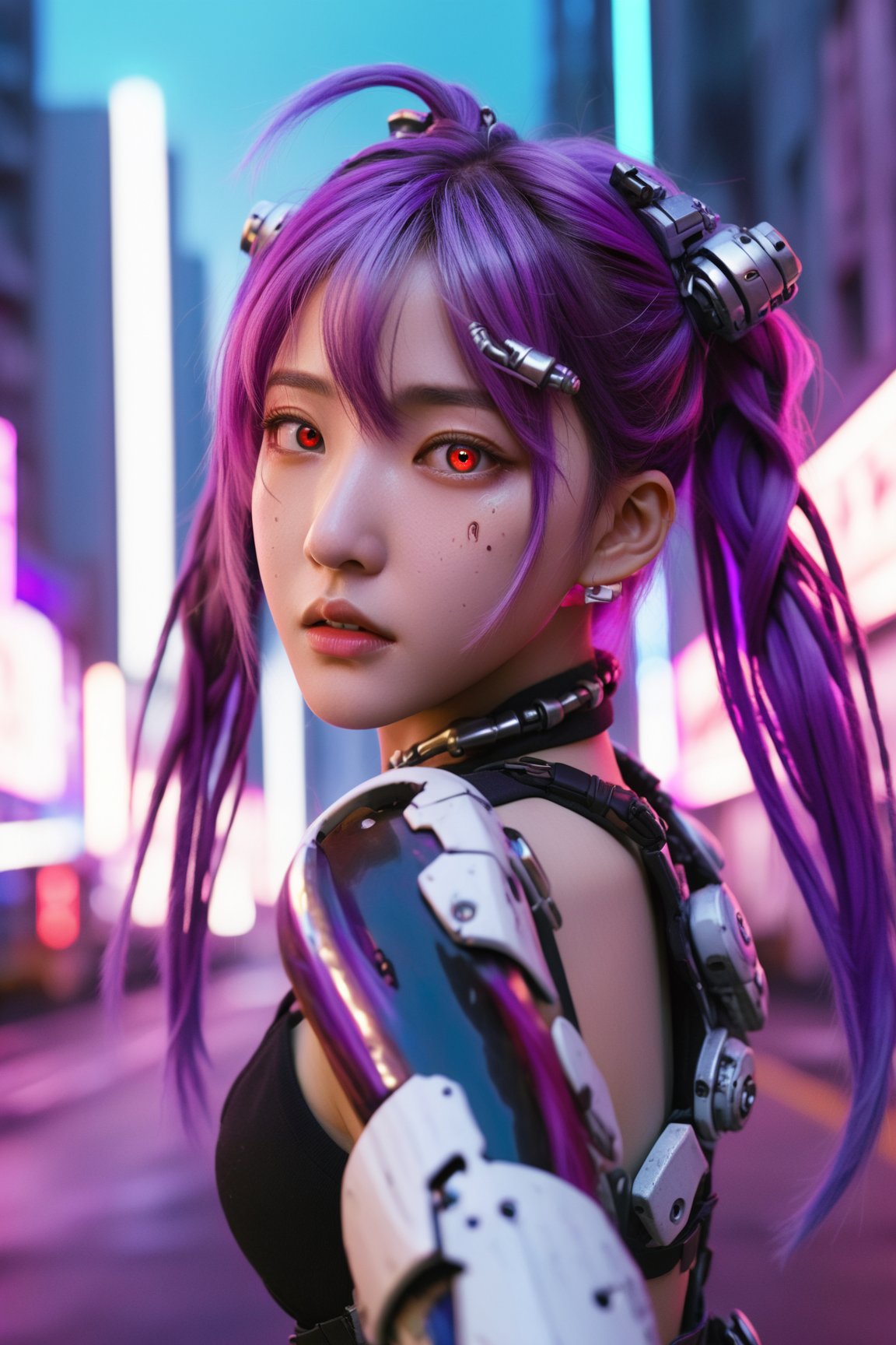  masterpiece, best quality, illustration, beautiful detailed eyes, perfect hands, colorful background, mechanical prosthesis, mecha coverage, emerging dark purple across with white hair, pig tails, disheveled hair, fluorescent purple, cool movement, rose red eyes, beatiful detailed cyberpunk city, multicolored hair, beautiful detailed glow, 1 girl, expressionless, cold expression, insanity, long bangs, long hair, lace, dynamic composition, motion, ultra - detailed, incredibly detailed, a lot of details, amazing fine details and brush strokes, smooth, hd semirealistic anime cg concept art digital painting, cyborg style