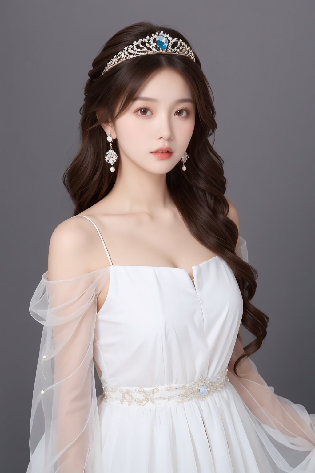 tm, 1girl, solo, long hair, earrings, jewelry, dress, grey background, black hair, tiara, realistic, simple background, blue dress, lips, looking at viewer, see-through, upper body, brown hair, bare shoulders, brown eyes, white dress, collarbone