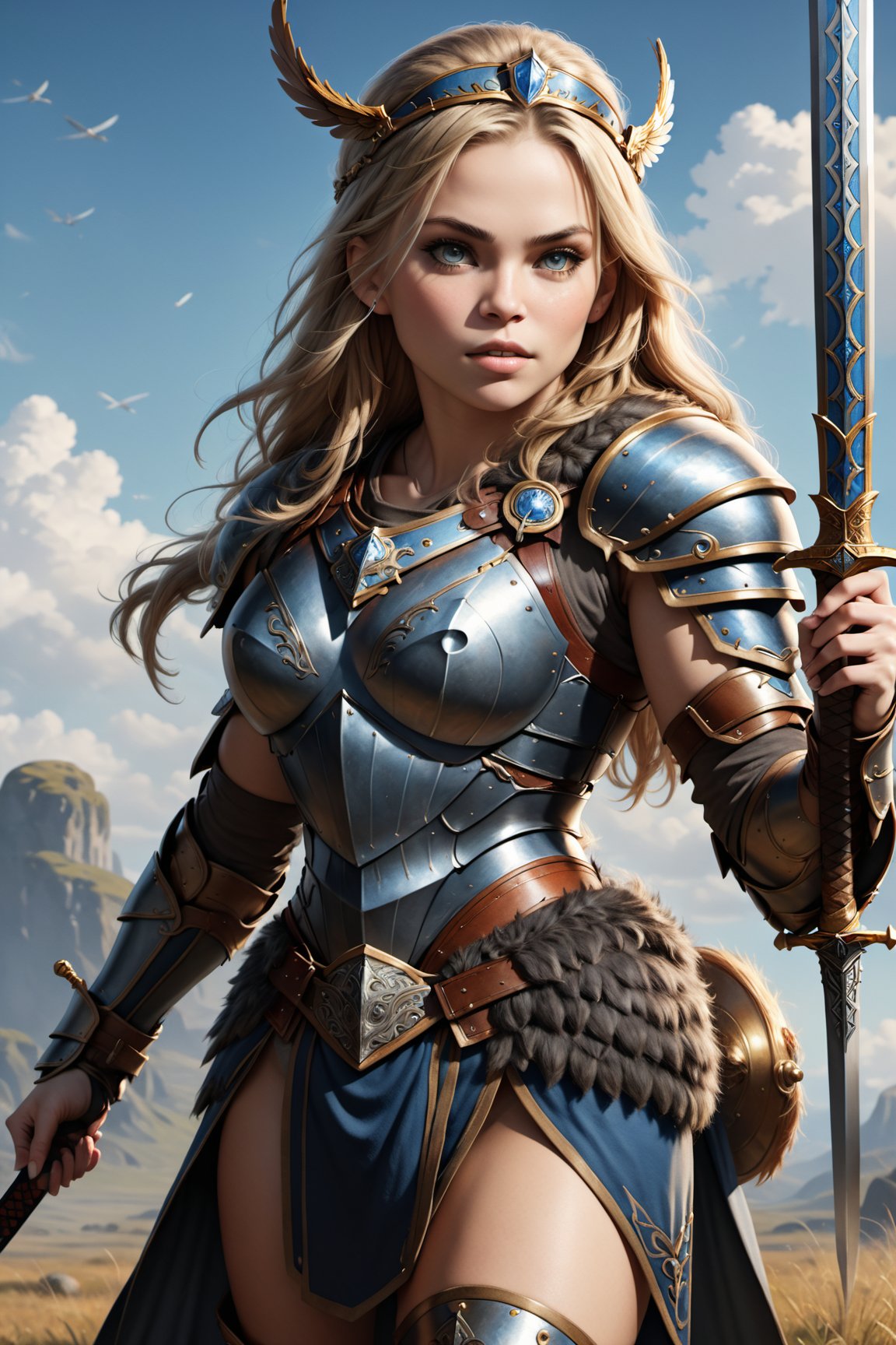 8k wallpaper, awesome, (((masterpiece))), (((best quality))), ((ultra detailed)), (illustration),

Valkyrie, holding 1 sword in right hand, full armor,