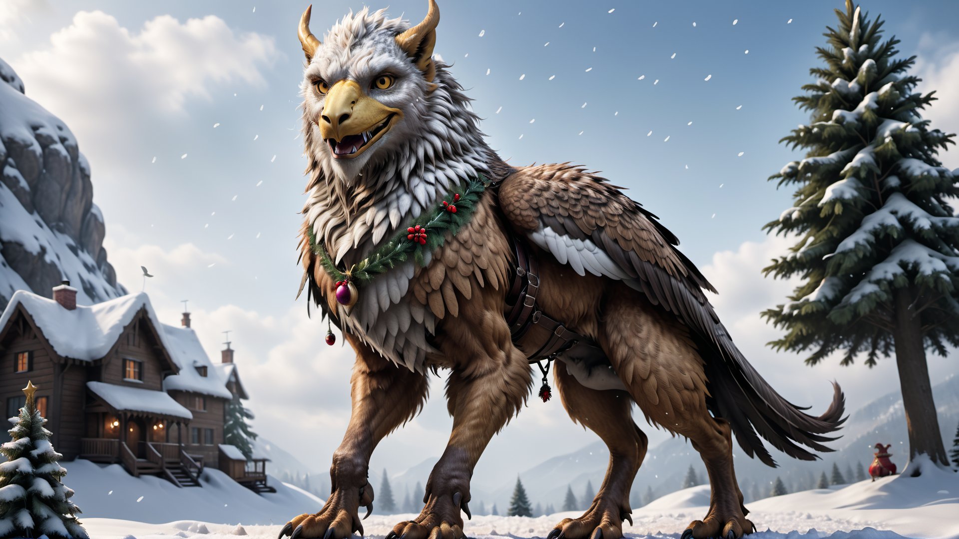 (Christmas:1.75), (Christmas tree:1.45), (masterpiece, photorealistic:1.35), (CGI image of a griffin:1.45), (majestic creature), (griffin is harnessed to a big sleigh:1.25), (the griffin's fur created with exquisite details:1.25), (the griffin's eyes shine:1.31), (bird legs:1.25), (the griffin stands gracefully on a wide, snow-covered open field:1.1), (The griffin has a mighty eagle beak:1.1), (Blender CGI software that can create stunning photorealistic scenes:1.2), (the snowy landscape with falling snowflakes: 1.1), ( the animal's bird legs leave imprints in the snow:1.3), (surrounded by the silent beauty of winter:1.1), (the animal's captivating gaze transports:1.1), beautiful color correction, Unreal Engine, super resolution, megapixels,



8k wallpaper, awesome, (((masterpiece))), (((best quality))), ((ultra detailed)), (illustration), dynamic angle,