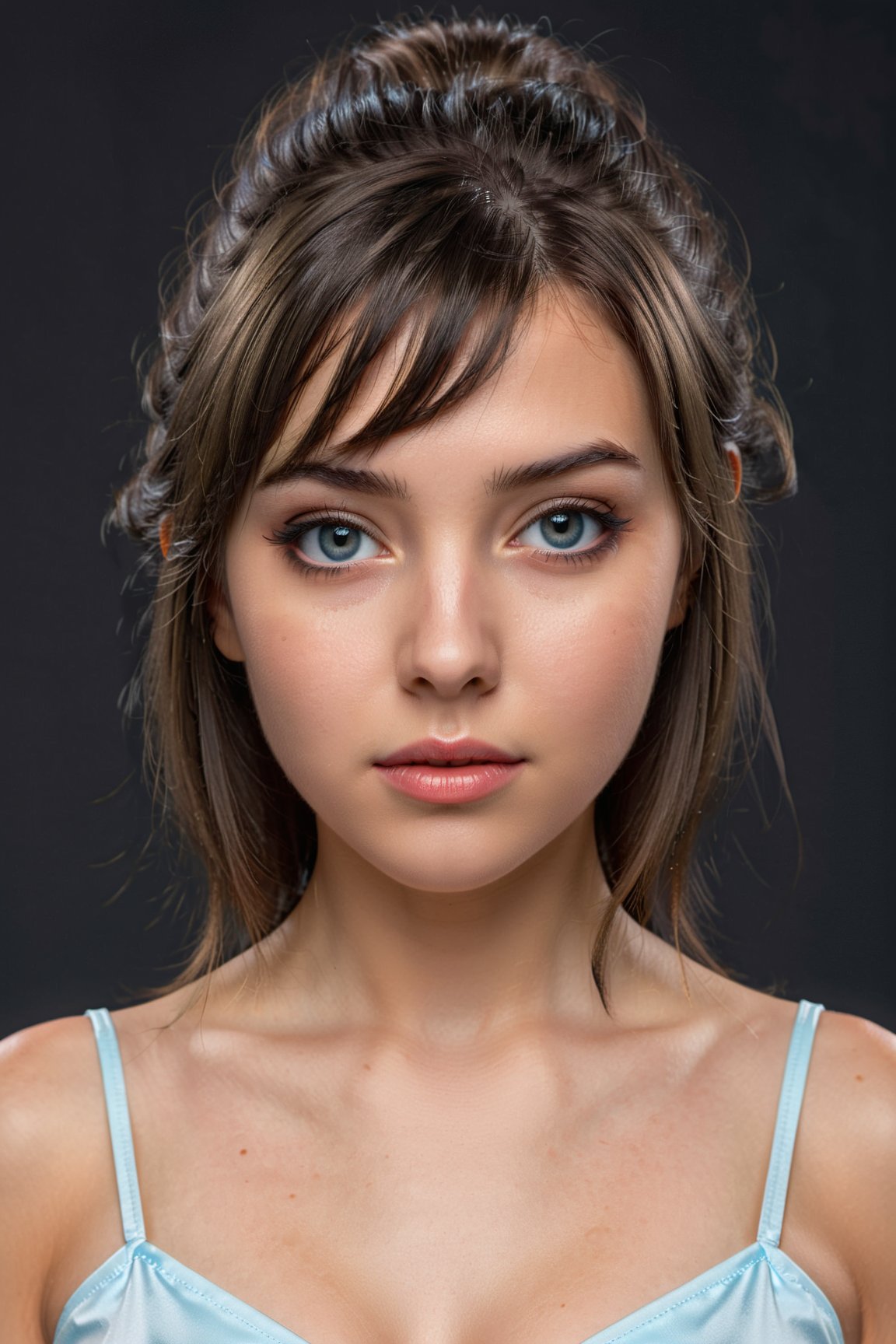 (masterpiece), realistic, (portrait of a girl), beautiful face, sunlight, cinematic light, bangs, a beautiful woman, beautiful eyes, black hair, perfect anatomy, very cute, princess eyes , (black eyes) , (frame the head), Centered image, stylized, bioluminescence, 8 life size,8k Resolution, white low-cut dress with small blue details, human hands, wonder full, elegant, approaching perfection, dynamic, highly detailed, character sheet, concept art, smooth, facing directly at the viewer positioned so that their body is symmetrical and balanced, stunningly beautiful teenage girl, detailed hairstyle,
