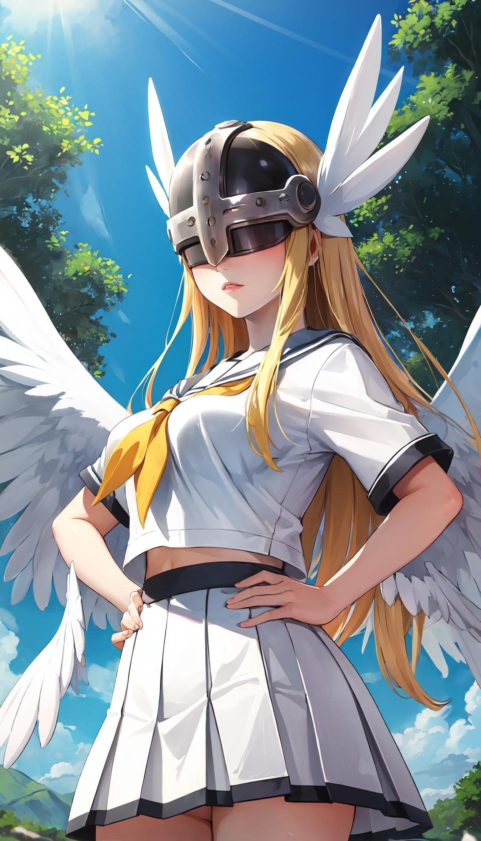 masterpiece, best quality, outdoors, field, grass, forest, angewomon, digimon (creature), 1girl, solo, cowboy shot, long hair, blonde hair, large breasts, helmet, head wings, feathered wings, facing viewer, angel wings, white wings, covered eyes, winged helmet, school uniform, serafuku, seifuku, pleated skirt, skirt, hands on hips,<lora:LoRA_Angewomon:1>