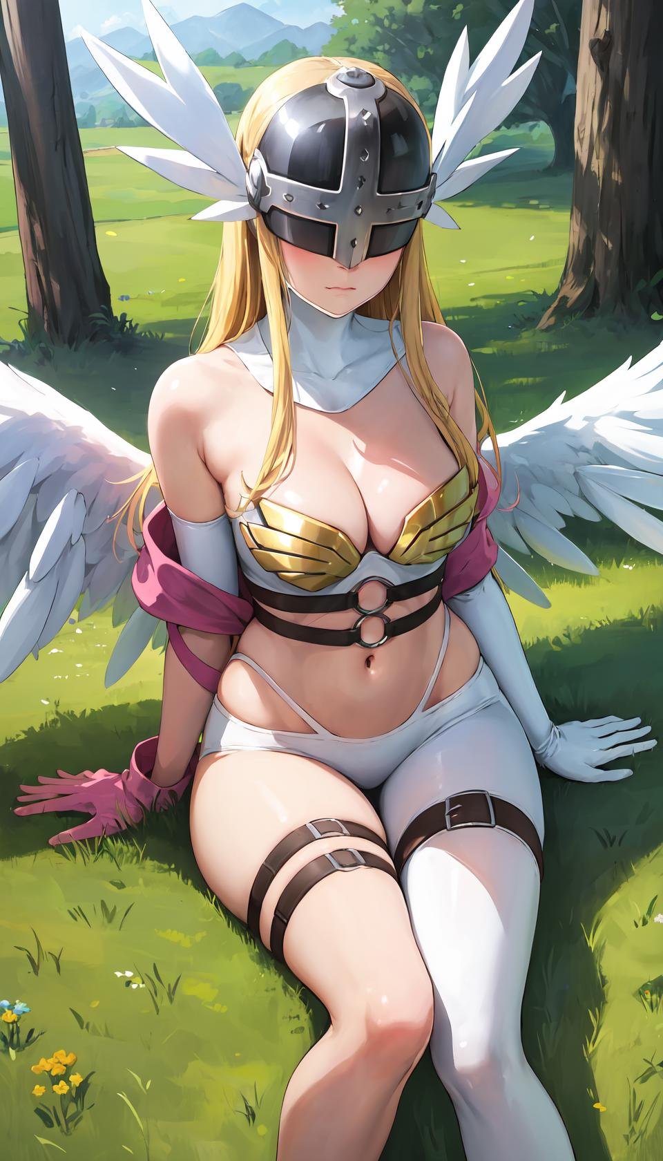 masterpiece, best quality, outdoors, field, grass, forest,angewomon, 1girl, solo, sitting, long hair, breasts, blonde hair, large breasts, gloves, ribbon, navel, cleavage, bare shoulders, closed mouth, wings, o-ring, elbow gloves, belt, white gloves, thigh strap, helmet, head wings, feathered wings, facing viewer, angel wings, white wings, asymmetrical clothes, covered eyes, multiple wings, digimon (creature), winged helmet, <lora:LoRA_Angewomon:1>