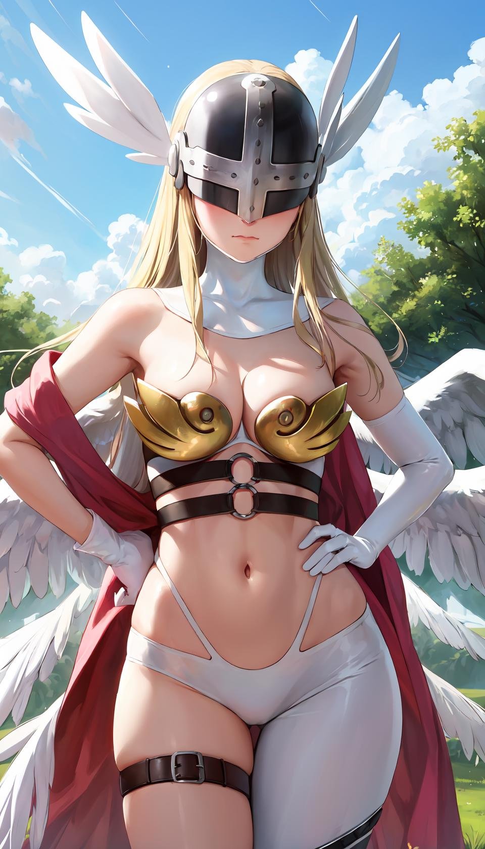 masterpiece, best quality, outdoors, field, grass, forest,angewomon, 1girl, solo, cowboy shot, long hair, breasts, blonde hair, large breasts, gloves, ribbon, navel, cleavage, bare shoulders, closed mouth, wings, o-ring, elbow gloves, belt, white gloves, thigh strap, helmet, head wings, feathered wings, facing viewer, angel wings, white wings, asymmetrical clothes, covered eyes, multiple wings, digimon (creature), winged helmet, hands on hips,<lora:LoRA_Angewomon:1>