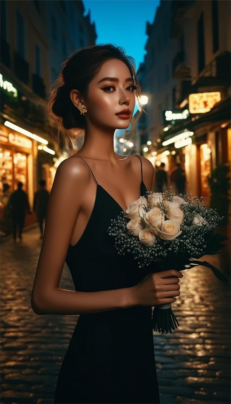  1girl,8k wallpaper,extremely detailed figure, amazing beauty, detailed characters, indoor,black dress, holding flowers, light and shadow, depth of field, light spot, reflection,upper body,nigth,street