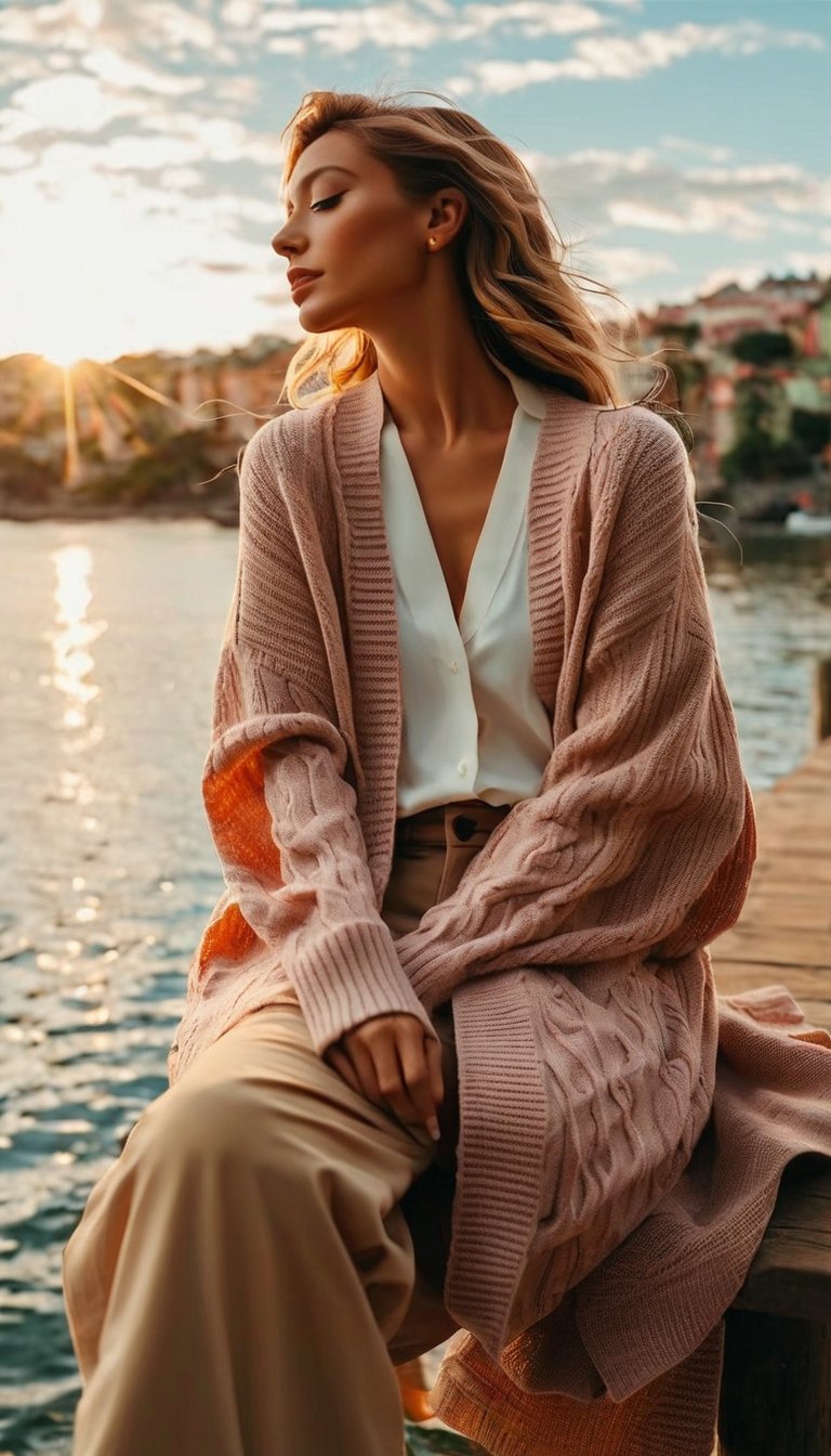 A woman sits on a bench by the water with her eyes closed, delamination, Oversized, cardigan shirt, wearing casual sweater, Wear a cardigan, Wear a cardigan, pastels, Wearing an oversized sweater, Wear long, flowing clothes, beautiful afternoon light, Beautiful images, Light brown, Gray, in the afternoon, Soft light shines from the side, Detailed picture, Fashionab, author：Nico Henrikong