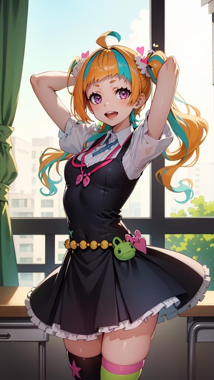 Niko,  1girl,  solo,  twintails,  multicolored hair,  ahoge,  streaked hair,  open mouth, ,  two-tone hair,  looking at viewer,  orange hair,  hair ornament,  purple eyes,  smile,  shirt,  short sleeves,  bangs,  bow,  teeth,  blonde hair,  :d,  long hair,  white shirt, thighhighs,  hair bow,  asymmetrical legwear,  cowboy shot,  collared shirt,  heart,  puffy sleeves,  star (symbol),  blunt bangs,  dress,  scrunchie,  star print,  puffy short sleeves,  frills,  black dress,  arms behind head,  arms up,  small breasts,  classrom,  school,  aisle,  window,  desk,<lora:EMS-206450-EMS:0.700000>