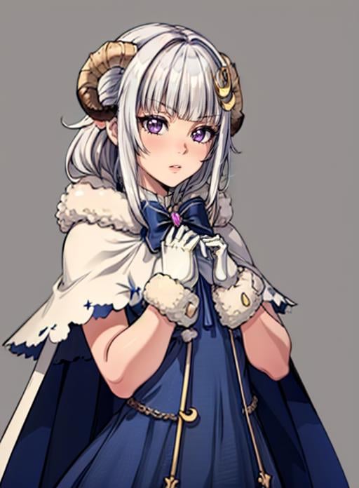 best quality, (masterpiece),(ultra-detailed), (high quality), (high resolution),<lora:add_detail:0.7> , <lora:Aurora:0.7>,1girl, aurora atria, bangs, bare arms, blue dress, bow, crescent, crescent hair ornament, curled horns, dress,  fur trim, grey hair, hair ornament, horns,  purple eyes, sheep horns, simple background, upper body, white gloves,cape, star hair ornament, 