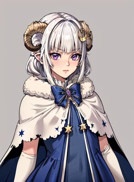 best quality, (masterpiece),(ultra-detailed), (high quality), (high resolution),<lora:add_detail:0.7> , <lora:Aurora:0.7>,1girl, aurora atria, bangs, bare arms, blue dress, bow, crescent, crescent hair ornament, curled horns, dress,  fur trim, grey hair, hair ornament, horns,  purple eyes, sheep horns, simple background, upper body, white gloves,cape, star hair ornament, 