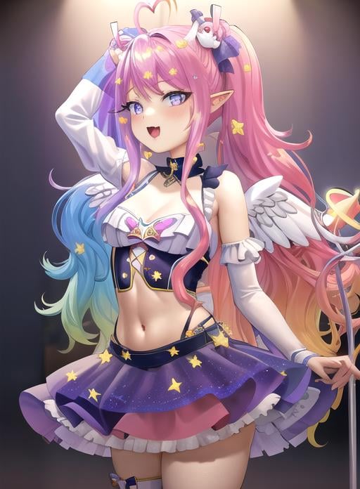 best quality, (masterpiece),(ultra-detailed), (high quality), (high resolution), <lora:Emberlith:0.7>,1girl, ahoge, angel wings, bangs, blonde hair, blue eyes, blue hair, blush, bow, chain, cleavage, demon horns, demon tail, emberlith, hair ornament, heart, heart ahoge, long hair, long sleeves, looking at viewer, midriff, multicolored hair, multiple views, ocean, open mouth, pink hair, pointy ears, purple eyes, purple hair, sleeveless dress, smile, solo, star (symbol), star hair ornament, star-shaped pupils, strapless leotard, symbol-shaped pupils, tile wall, twintails, very long hair, virtual youtuber, white background, wings