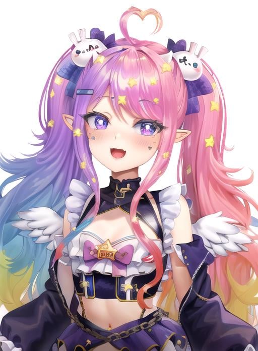 best quality, (masterpiece),(ultra-detailed), (high quality), (high resolution), <lora:Emberlith:0.7>,1girl, ahoge, angel wings, bangs, blonde hair, blue eyes, blue hair, blush, bow, chain, cleavage, demon horns, demon tail, emberlith, hair ornament, heart, heart ahoge, long hair, long sleeves, looking at viewer, midriff, multicolored hair, multiple views, ocean, open mouth, pink hair, pointy ears, purple eyes, purple hair, sleeveless dress, smile, solo, star (symbol), star hair ornament, star-shaped pupils, strapless leotard, symbol-shaped pupils, tile wall, twintails, very long hair, virtual youtuber, white background, wings