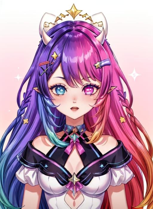 best quality, (masterpiece),(ultra-detailed), (high quality), (high resolution),<lora:add_detail:0.7> ,  <lora:Emberlith2:0.7>,emberlith, long hair, hair ornament, purple hair, multicolored hair, star (symbol), purple eyes, gradient hair, horns, heterochromia, pointy ears, braid, pink hair,blue hair, white shirt, 