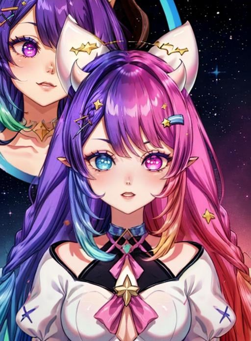 best quality, (masterpiece),(ultra-detailed), (high quality), (high resolution),<lora:add_detail:0.7> ,  <lora:Emberlith2:0.7>,emberlith, long hair, hair ornament, purple hair, multicolored hair, star (symbol), purple eyes, gradient hair, horns, heterochromia, pointy ears, braid, pink hair,blue hair, white shirt, 