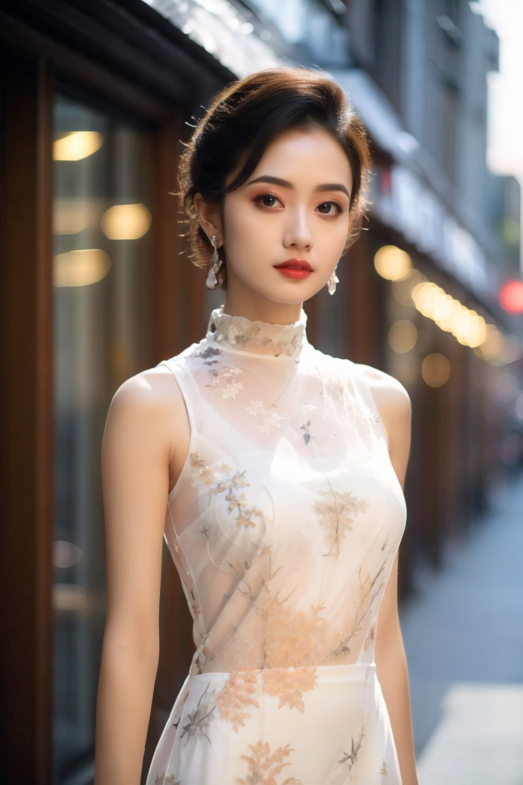 tyqp, 1girl, solo, jewelry, earrings, dress, short hair, black hair, sleeveless, lips, white dress, blurry, blurry background, looking at viewer, realistic, see-through, sleeveless dress, upper body, bare shoulders