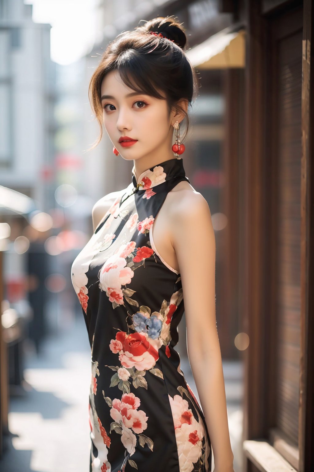  tyqp, 1girl, dress, earrings, jewelry, solo, chinese clothes, black hair, china dress, floral print, arms at sides, blurry, sleeveless, blurry background, realistic, sleeveless dress, bare shoulders, lips, tyqp