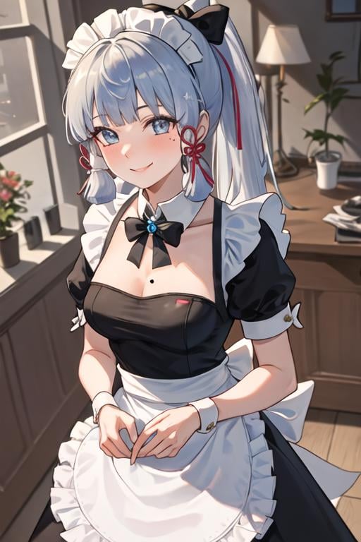 best quality, masterpiece, highres, solo, {maid:1.40}, {long maid dress:1.15}, {kamisato_ayaka_genshin:1.15}, bangs, blue_eyes, long_hair, blunt_bangs, ribbon, hair_ribbon, ponytail, sidelocks, blue_hair, mole, mole_under_eye, blush, hair_ornament, breasts, smile, white_hair