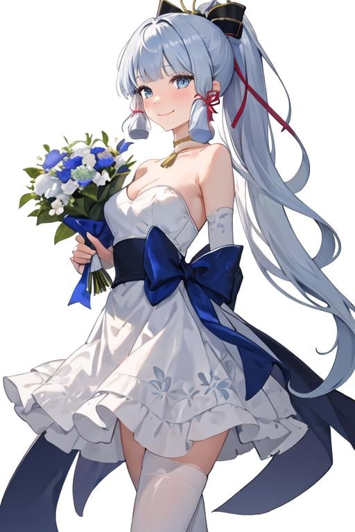 best quality, masterpiece, highres, solo, {kamisato_ayaka_genshin:1.15}, bangs, blue_eyes, long_hair, blunt_bangs, ribbon, hair_ribbon, ponytail, sidelocks, blue_hair, mole, mole_under_eye, blush, hair_ornament, breasts, smile, white_hair, 1girl, closed_mouth, looking_at_viewer, simple_background, white_background, flower, holding, tress_ribbon, bouquet, bare_shoulders, holding_bouquet