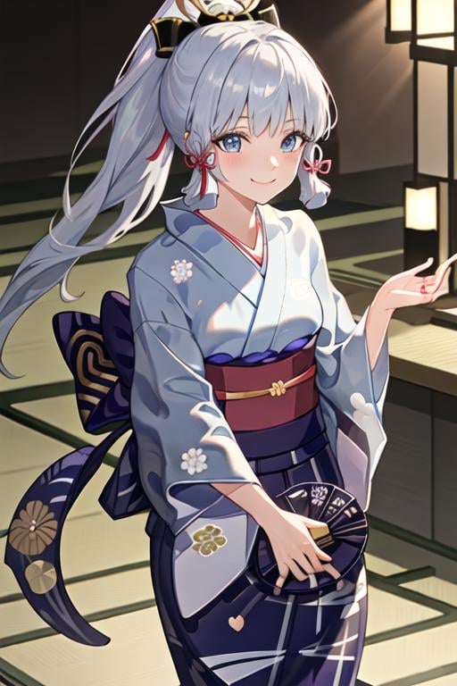 best quality, masterpiece, highres, solo, {yukata:1.40}, {kimono:1.20}, {kamisato_ayaka_genshin:1.15}, bangs, blue_eyes, long_hair, blunt_bangs, ribbon, hair_ribbon, ponytail, sidelocks, blue_hair, mole, mole_under_eye, blush, hair_ornament, breasts, smile, white_hair