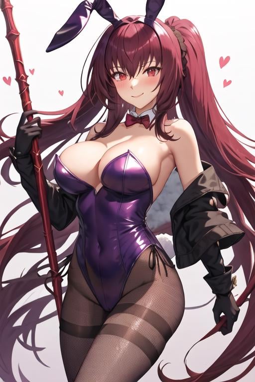 best quality, masterpiece, highres, solo, {scathach_fgo:1.15}, long_hair, purple_hair, red_eyes, breasts, large_breasts, bangs, hair_between_eyes, hair_intakes, 1girl, animal_ears, bare_shoulders, cleavage, detached_collar, fake_animal_ears, fishnet_pantyhose, fishnets, gae_bolg_\(fate\), highleg, leotard, looking_at_viewer, official_alternate_costume, pantyhose, playboy_bunny, polearm, purple_leotard, rabbit_ears, spear, weapon, wrist_cuffs, blush, highleg_leotard, holding, holding_weapon, thighs, smile