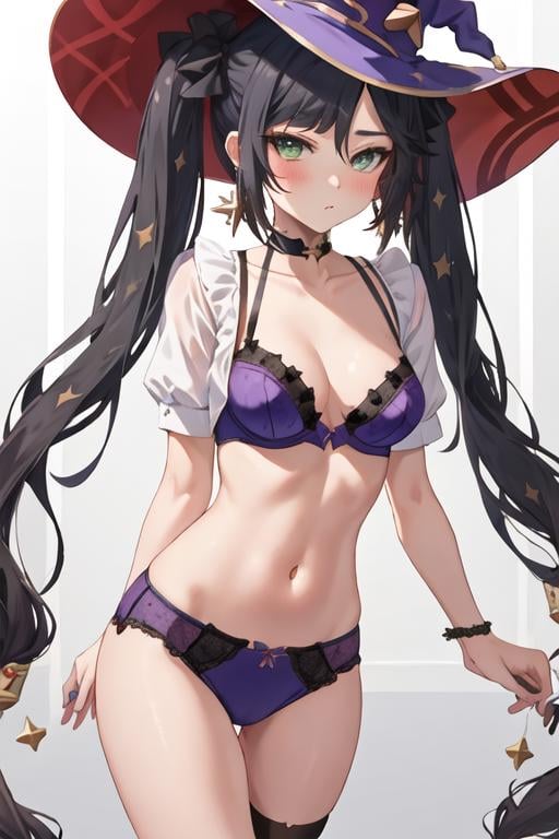 best quality, masterpiece, highres, solo, {mona_genshin:1.15}, long_hair, twintails, bangs, black_hair, breasts, blush, green_eyes, hat, jewelry, star_\(symbol\), witch_hat, earrings, medium_breasts, 1girl, alternate_costume, bra_strap, closed_mouth, hair_ribbon, ribbon, shirt, star_earrings, collarbone, purple_hair, white_shirt, short_sleeves, looking_at_viewer