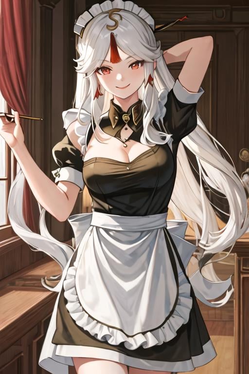 best quality, masterpiece, highres, solo, {maid:1.40}, {long maid dress:1.15}, {ningguang_genshin:1.15}, hair_ornament, long_hair, bangs, white_hair, red_eyes, parted_bangs, tassel, breasts, smile, hairpin, sidelocks, hair_stick, very_long_hair, large_breasts