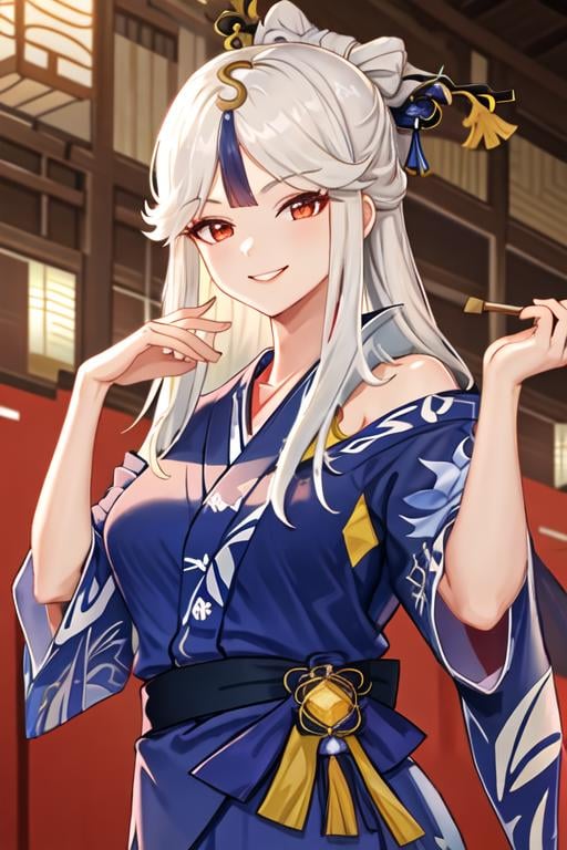 best quality, masterpiece, highres, solo, {yukata:1.40}, {kimono:1.20}, {ningguang_genshin:1.15}, hair_ornament, long_hair, bangs, white_hair, red_eyes, parted_bangs, tassel, breasts, smile, hairpin, sidelocks, hair_stick, very_long_hair, large_breasts