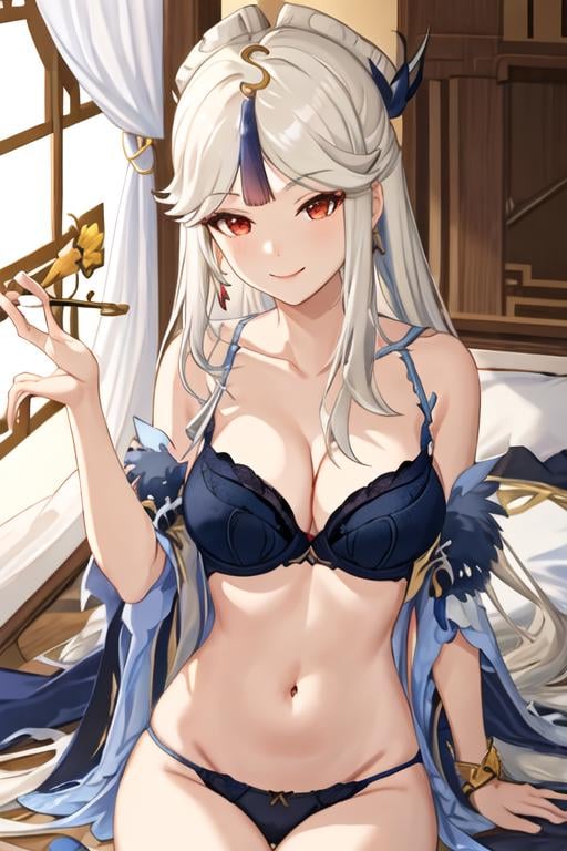 best quality, masterpiece, highres, solo, {ningguang_genshin:1.15}, hair_ornament, long_hair, bangs, white_hair, red_eyes, parted_bangs, tassel, breasts, smile, hairpin, sidelocks, hair_stick, very_long_hair, large_breasts, 1girl, bare_shoulders, bra, cleavage, collarbone, navel, underwear, looking_at_viewer, underwear_only, panties, black_bra, curtains, thighs