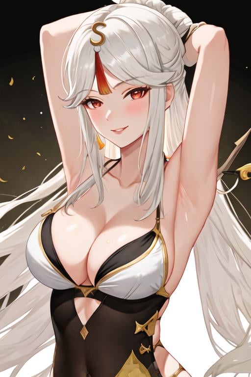 best quality, masterpiece, highres, solo, {ningguang_genshin:1.15}, hair_ornament, long_hair, bangs, white_hair, red_eyes, parted_bangs, tassel, breasts, smile, hairpin, sidelocks, hair_stick, very_long_hair, large_breasts, 1girl, collarbone, looking_at_viewer, armpits, bare_shoulders, bikini, blush, parted_lips, cleavage, swimsuit, simple_background, upper_body, white_background