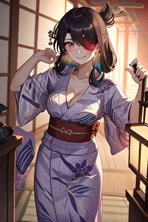 best quality, masterpiece, highres, solo, {yukata:1.40}, {kimono:1.20}, {beidou_genshin:1.15}, long_hair, eyepatch, red_eyes, brown_hair, hair_ornament, hair_over_one_eye, breasts, one_eye_covered, hairpin, smile, hair_stick, jewelry, bangs, earrings, large_breasts, cleavage