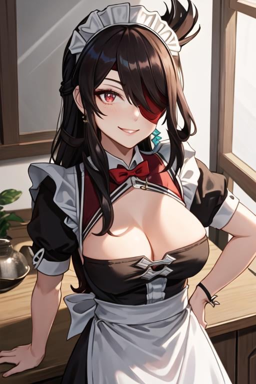 best quality, masterpiece, highres, solo, {maid:1.40}, {long maid dress:1.15}, {beidou_genshin:1.15}, long_hair, eyepatch, red_eyes, brown_hair, hair_ornament, hair_over_one_eye, breasts, one_eye_covered, hairpin, smile, hair_stick, jewelry, bangs, earrings, large_breasts, cleavage