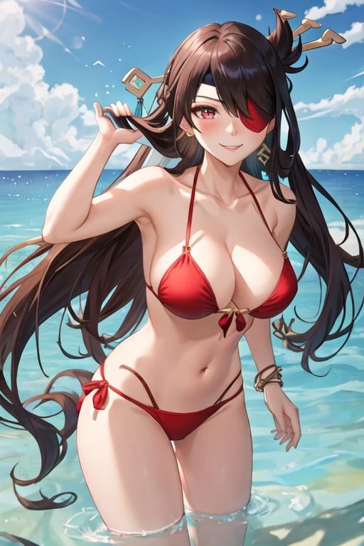 best quality, masterpiece, highres, solo, {beidou_genshin:1.15}, long_hair, eyepatch, red_eyes, brown_hair, hair_ornament, hair_over_one_eye, breasts, one_eye_covered, hairpin, smile, hair_stick, jewelry, bangs, earrings, large_breasts, cleavage, 1girl, blue_sky, looking_at_viewer, sky, bare_shoulders, collarbone, outdoors, bikini, day, navel, swimsuit, blush, ocean, red_bikini