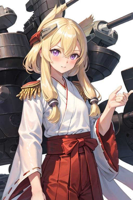 best quality, masterpiece, highres, solo, {white kimono:1.35}, {red hakama:1.35}, {wide sleeves:1.20}, {warspite_azurlane:1.15}, blonde_hair, long_hair, purple_eyes, bangs, hair_between_eyes, blush, headgear, sidelocks, epaulettes