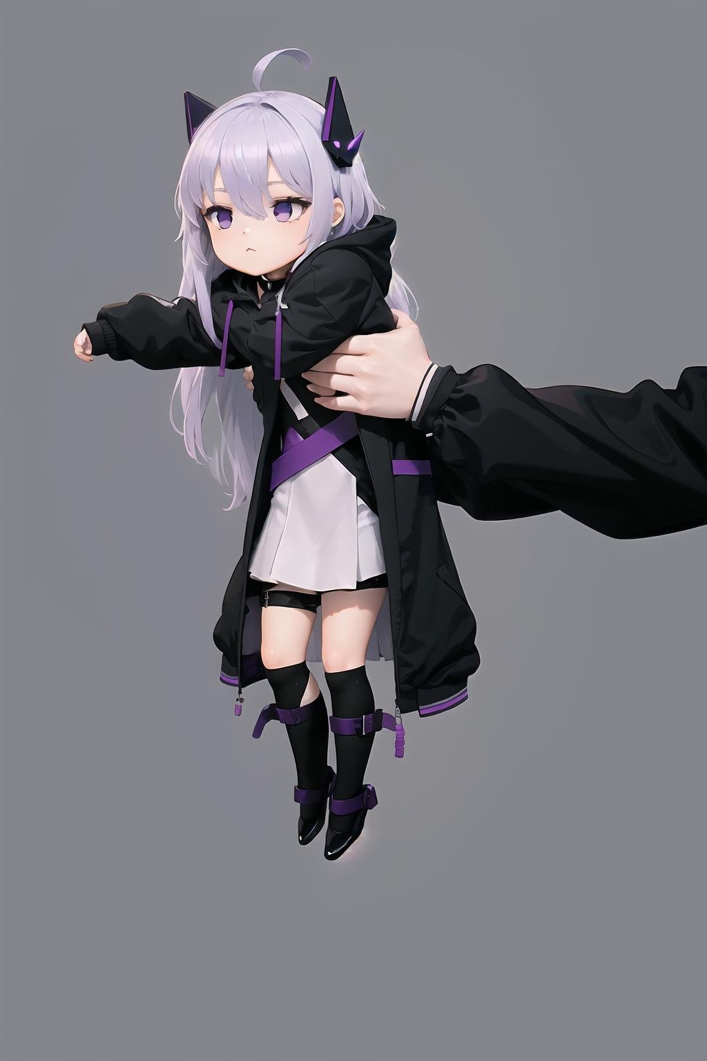 High Quality, Masterpiece,  <lora:LongcatMemeSolo:1.3>, incrslcmsolo, full body, simple background, white background, 1girl, chibi, <lora:Meina:0.5> Meina, purple eyes, headgear, choker, black footwear, jacket, open jacket